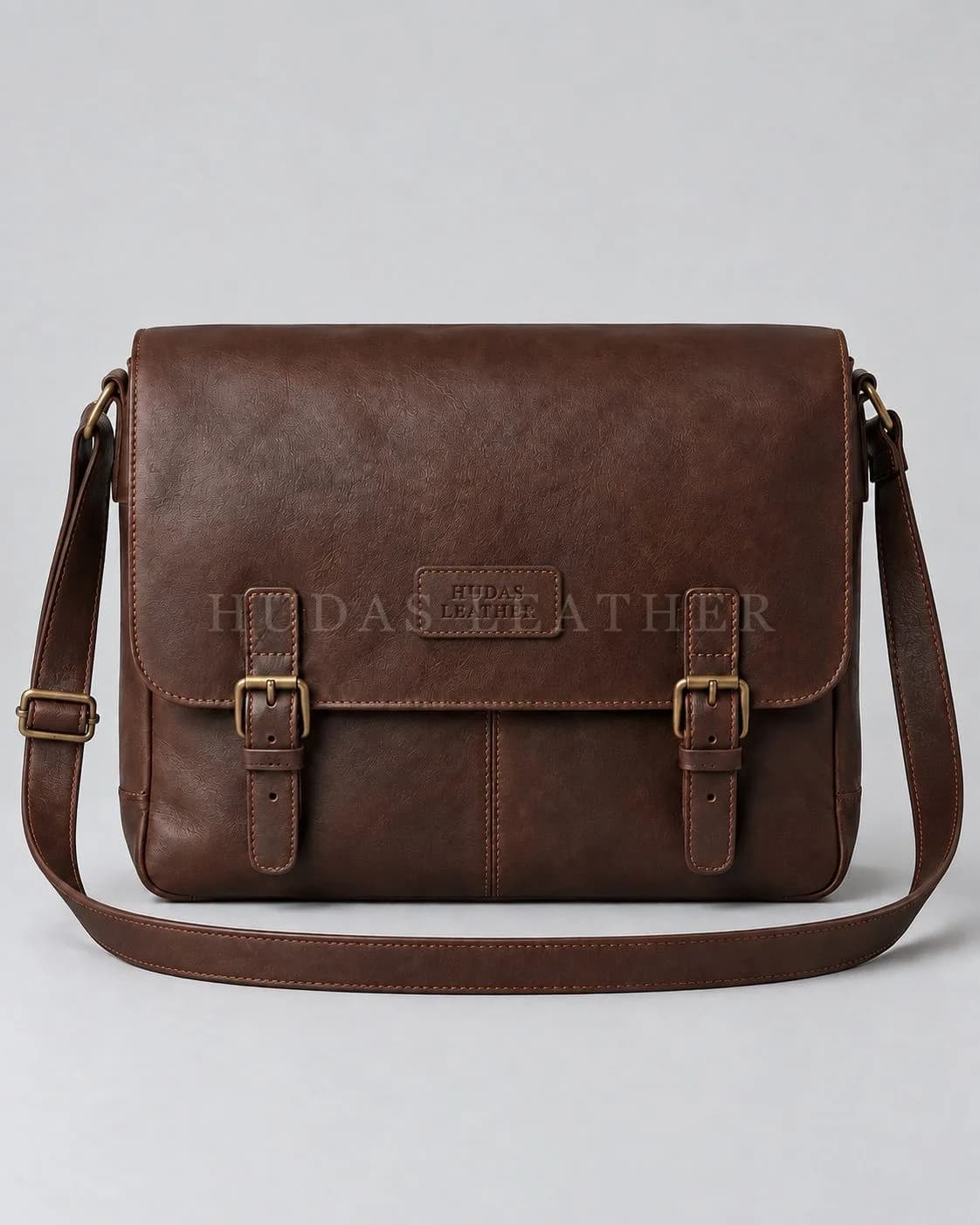 Leather Messenger Bag in Full-Grain Polished Cowhide, Dark Walnut