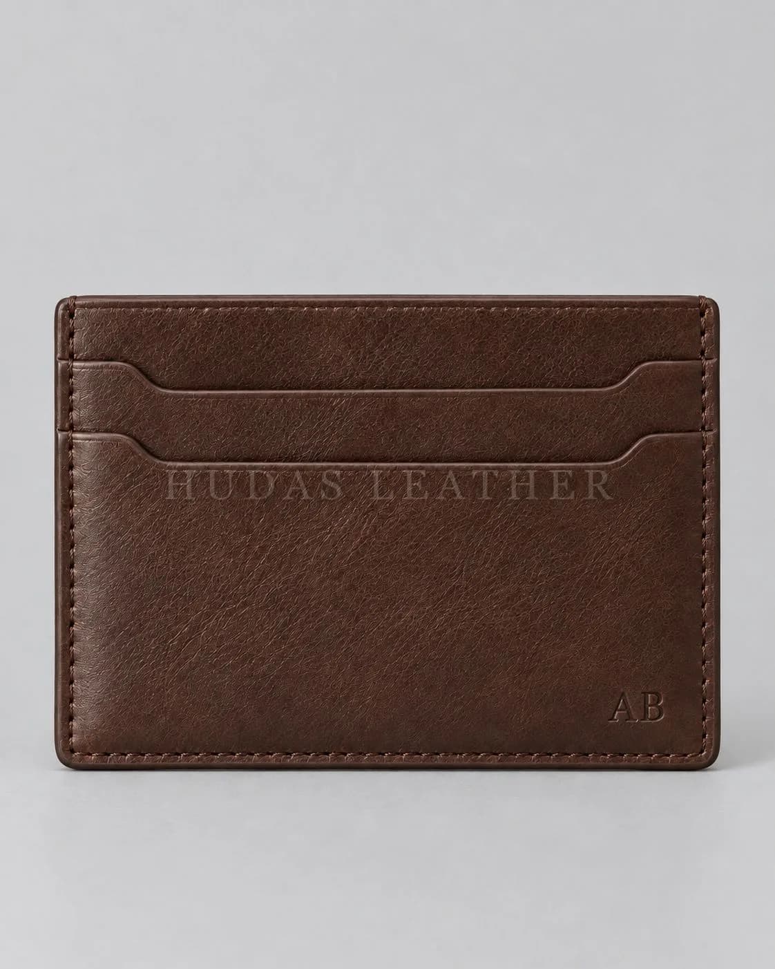 Monogrammed Card Holder in Full-Grain Polished Cowhide, Dark Walnut