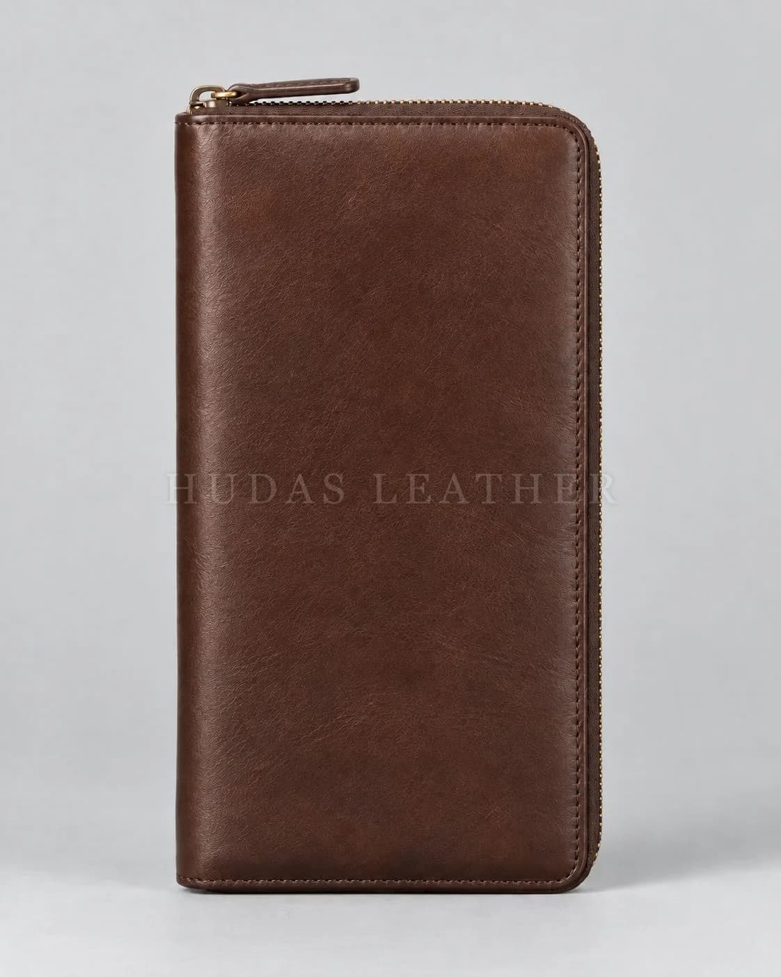 Zip-Around Long Wallet in Full-Grain Polished Cowhide, Dark Walnut