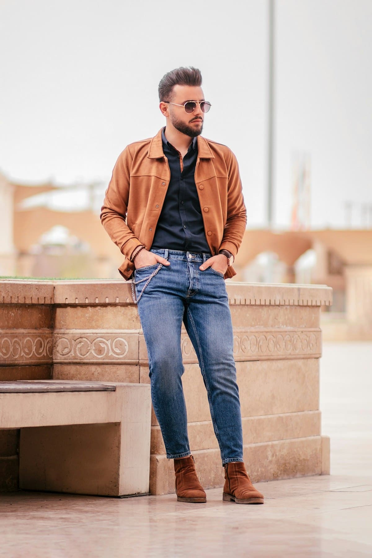 A Hudas Leather suede jacket, worn